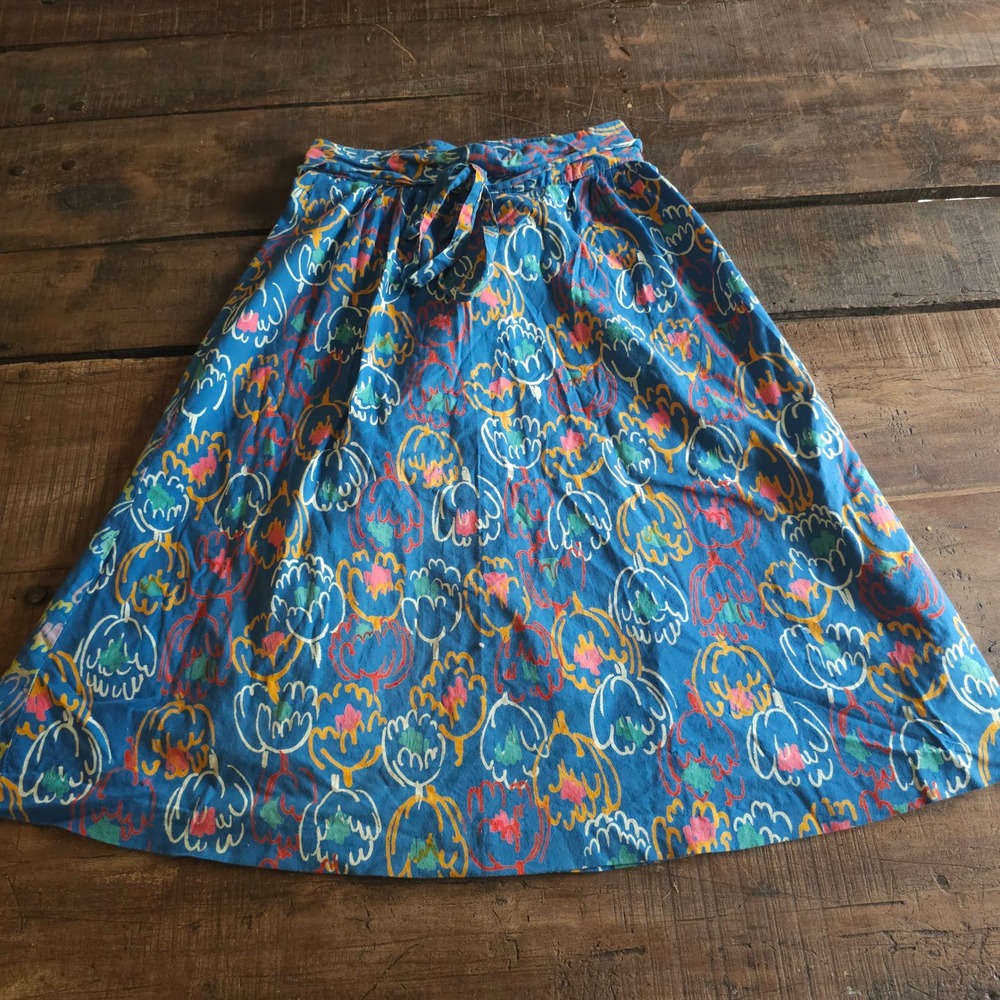 Vintage 1970s Blue Abstract Floral Wrap Skirt A-Line Boho Cotton Midi Skirt - Picture 12 of 13